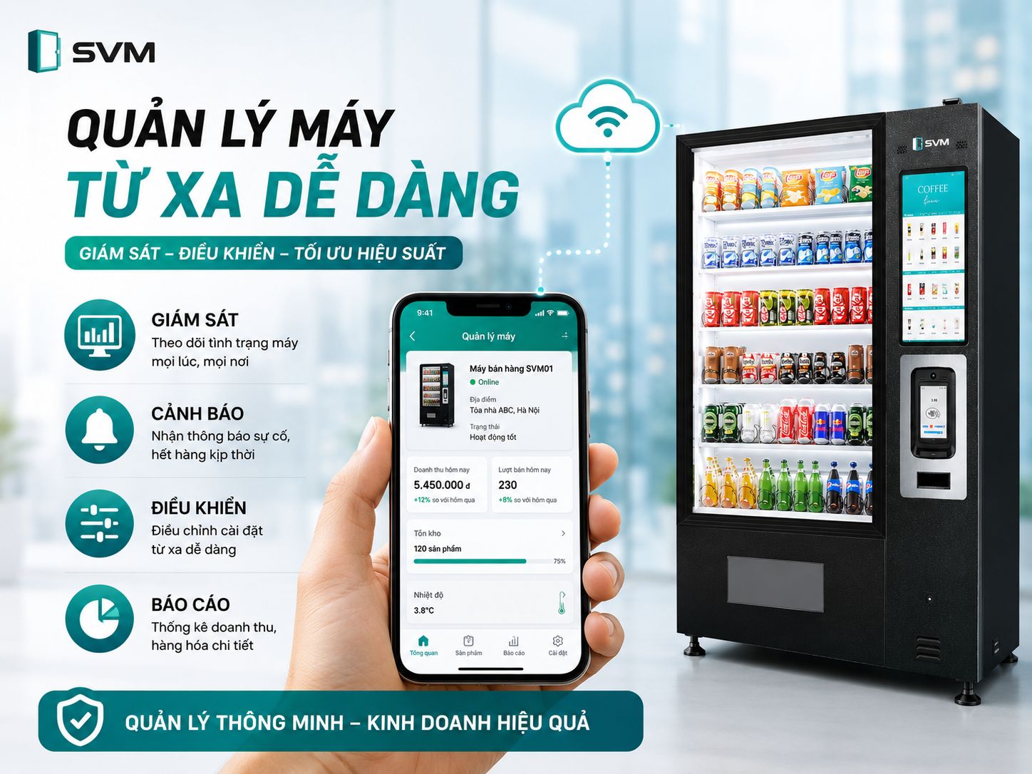“Người quản lý có thể giám sát và điều khiển máy bán hàng từ xa dễ dàng qua điện thoại”