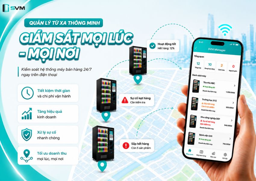 Tính năng tự động hoàn tiền ngay lập tức khi máy bán hàng SVM gặp sự cố kẹt đồ Chủ đầu tư quản lý từ xa doanh thu và hàng hóa của hệ thống máy SVM qua điện thoại, máy tính | Máy bán hàng tự động thông minh Tính năng tự động hoàn tiền ngay lập tức khi máy bán hàng SVM gặp sự cố kẹt đồ Chủ đầu tư quản lý từ xa doanh thu và hàng hóa của hệ thống máy SVM qua điện thoại, máy tính