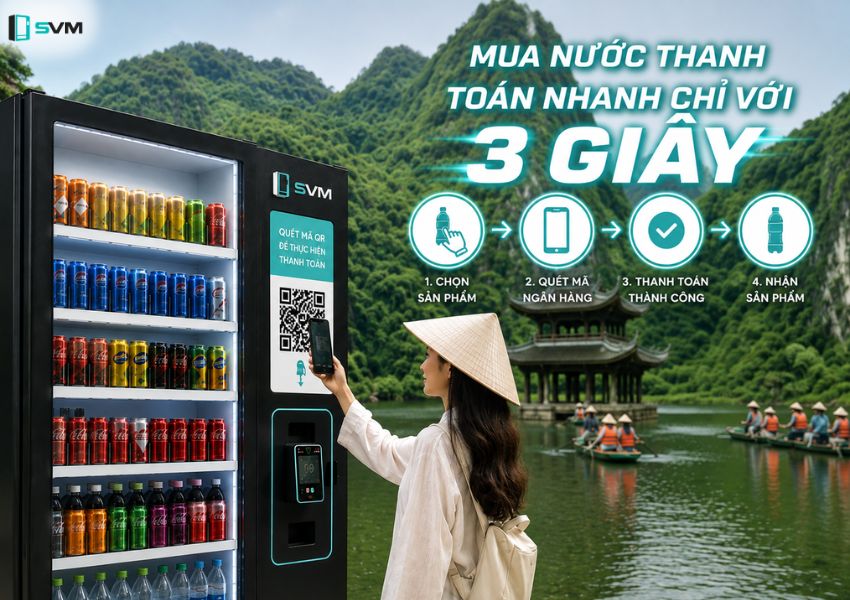 Du khách quét mã QR để mua hàng nhanh chóng tại máy bán nước SVM | Máy bán hàng tự động thông minh Du khách quét mã QR để mua hàng nhanh chóng tại máy bán nước SVM